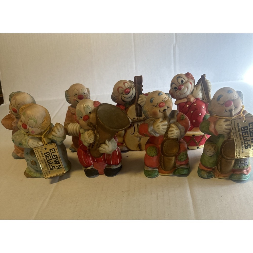 Vintage Jasco Clown Bells Genuine Bisque Porcelain Figures Set Of 8